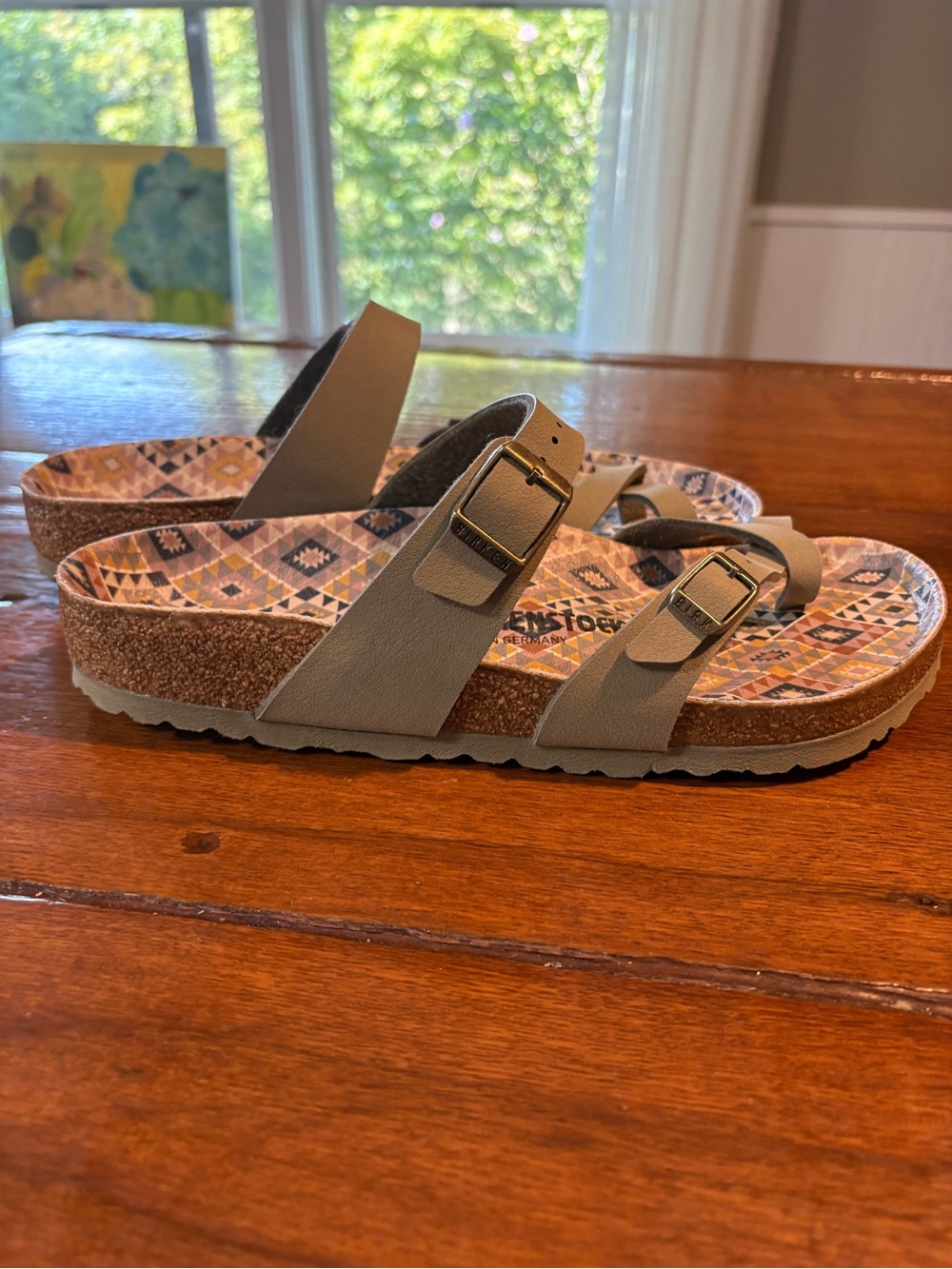 Birkenstock Taupe Double-Buckle Sandals with Patterned Footbed. Women Size 11